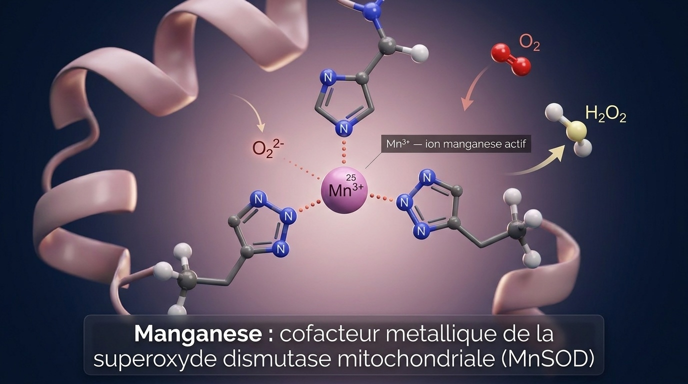 Représentation scientifique détaillée du site actif de la MnSOD, enzyme antioxydante mitochondriale dont le cofacteur métallique Mn³⁺ est indispensable pour neutraliser le radical superoxyde (O₂⁻) généré comme sous-produit inévitable du fonctionnement de la chaîne respiratoire mitochondriale.