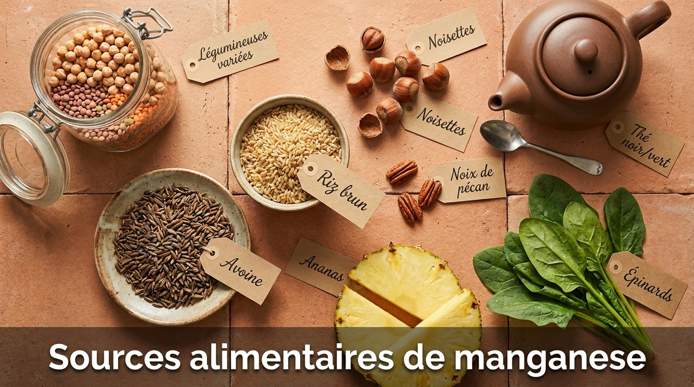 Composition culinaire top-down des meilleures sources alimentaires de manganèse, dominée par les céréales complètes (avoine, riz brun), les légumineuses (pois chiches, lentilles), les fruits à coque (noisettes, noix de pécan), le thé vert et certains fruits/légumes (ananas, épinards) — couverture facile du fait d'une large distribution dans l'alimentation courante.