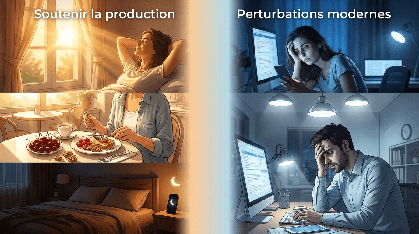 Composition pédagogique équilibrée aidant le lecteur à identifier visuellement les leviers favorables et les comportements défavorables à la sécrétion de mélatonine.
