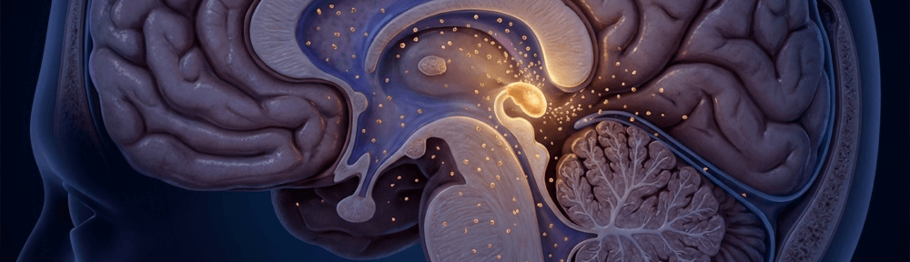 Coupe anatomique hyperréaliste du cerveau humain montrant la glande pinéale au centre, illuminée en doré pendant la sécrétion nocturne, avec la mélatonine traversant la barrière hémato-encéphalique pour protéger les neurones du stress oxydatif.