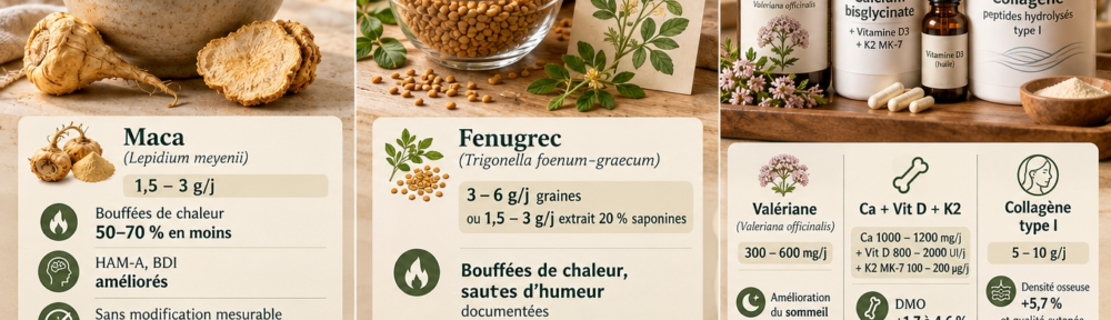 Infographie médicale sur fond crème‑terre‑chaud. À gauche, petit bol en céramique de poudre de Maca (Lepidium meyenii) dorée, accompagné d'un médaillon de Maca lyophilisée, avec graphique « Maca 1,5‑3 g/j → bouffées de chaleur moins 50‑70 %, scores HAM‑A et BDI améliorés, sans modification directe de l'estradiol » (Meissner 2006, Ando 2019). Au centre, terrine de graines de fenugrec et mortier avec planche botanique de Trigonella foenum‑graecum, graphique « Fenugrec 3‑6 g/j graines ou 1,5‑3 g/j extrait ≥ 20 % saponines → bouffées de chaleur et fluctuations d'humeur documentées, légère action sur la libido ». À droite, présentation apothicaire : flacon de valériane (Valeriana officinalis) « 300‑600 mg/j → amélioration du sommeil (Eur J Med Res 2010), alternatif modéré aux benzodiazépines », pot de calcium bisglycinate avec gouttes de vitamine D et capsules de vitamine K2 MK‑7 « Ca 1000‑1200 mg/j + Vit D 800‑2000 UI/j + K2 MK‑7 100‑200 µg/j → DMO +1,7‑4,6 % (Knapen 2015) », enfin pot de peptides de collagène hydrolysé « collagène type I + II 5‑10 g/j → densité osseuse +5,7 % (König 2018) et qualité cutanée +15 % à 8 semaines (Schunck 2015) ».
