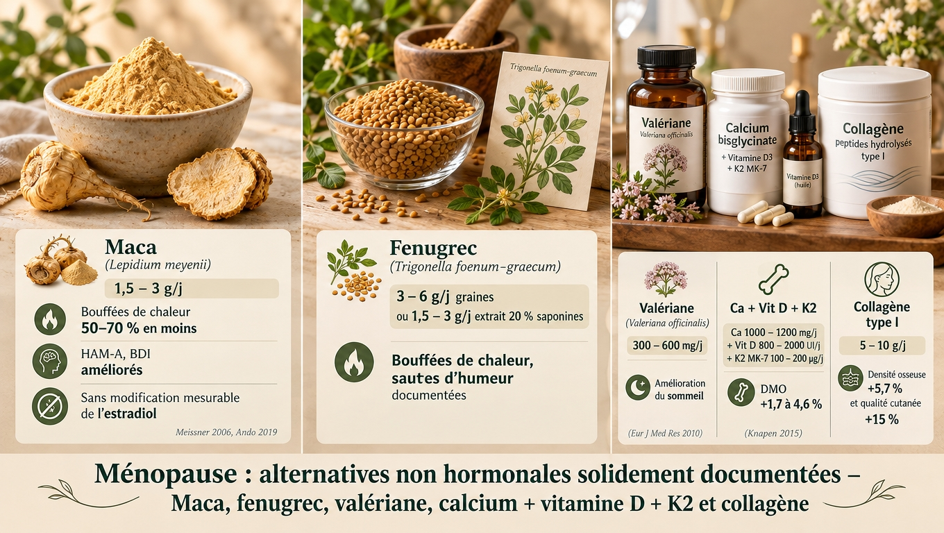 Maca, fenugrec, valériane, calcium‑D‑K2 et collagène : une trousse non hormonale validée par les essais cliniques qui agit sans mimer les œstrogènes.