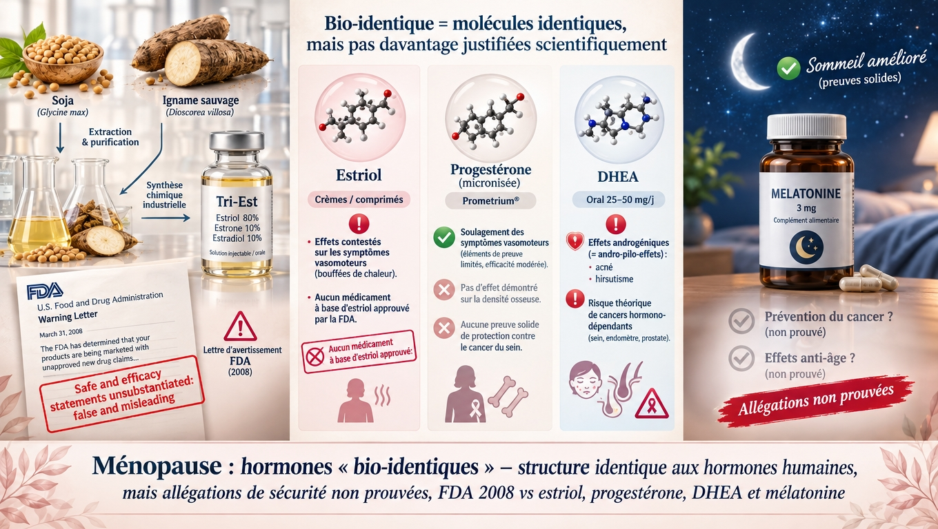 « Bio‑identique » = molécule identique à l'hormone humaine — mais cela ne démontre ni une meilleure sécurité ni une meilleure efficacité ; les mêmes exigences de preuve doivent s'appliquer.