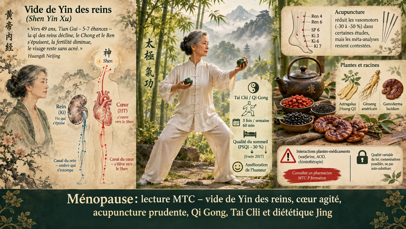 La Médecine Traditionnelle Chinoise voit la ménopause comme un vide du Yin des reins, libérant la chaleur et perturbant le Cœur–Shen ; remèdes : acupuncture, Qi Gong, Tai Chi, diététique Jing et plantes Jing (Reishi, astragale), avec vigilance sur interactions et qualité.