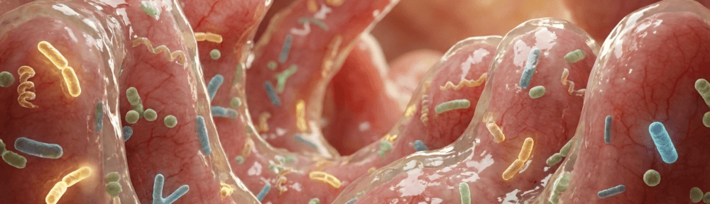 Visualisation microscopique hyperréaliste de la muqueuse intestinale montrant des milliers de bactéries diversifiées colonisant la paroi digestive, illustrant l'écosystème du microbiote intestinal humain.
