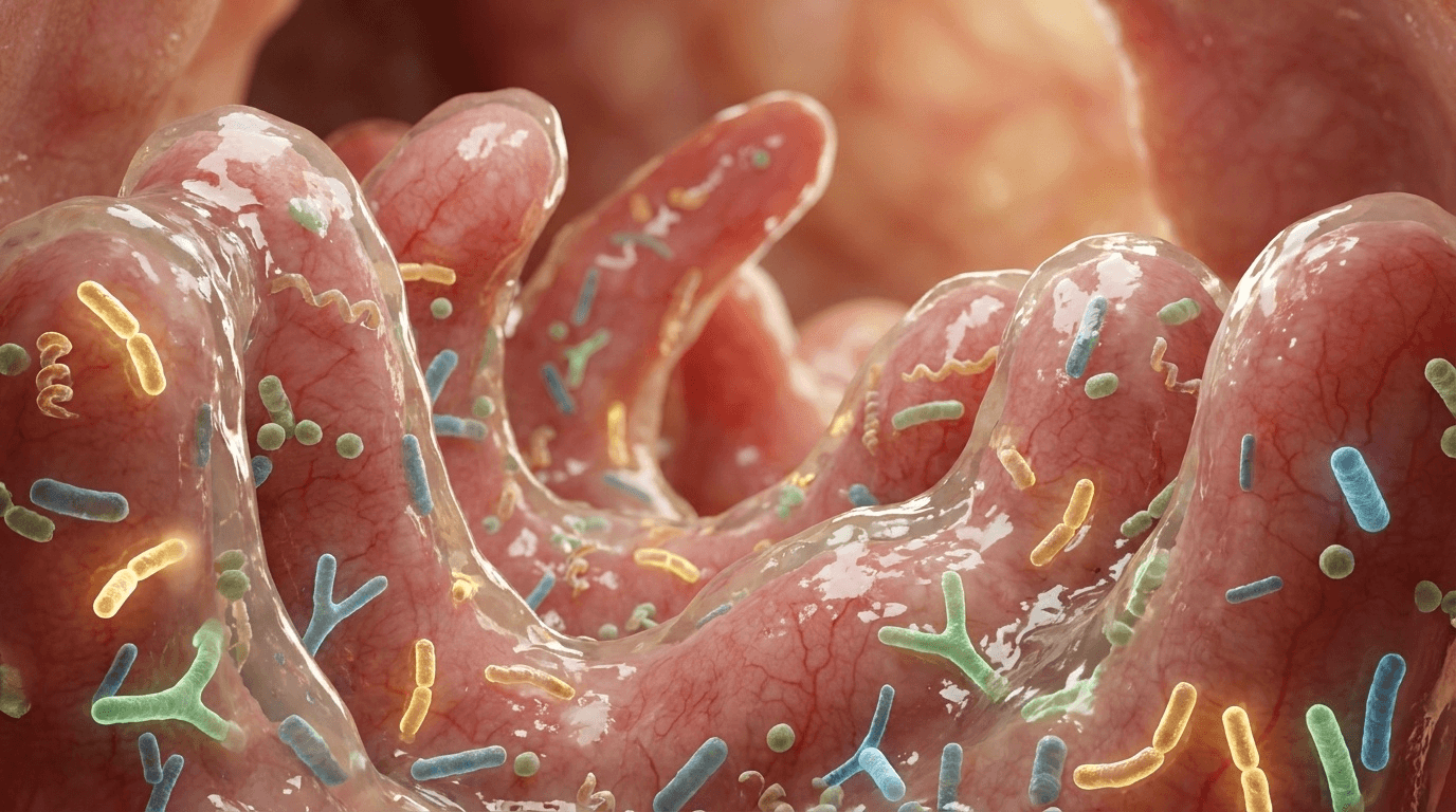 Image de microscopie haute précision représentant la diversité bactérienne du microbiote intestinal et son intégration intime avec la muqueuse digestive humaine.