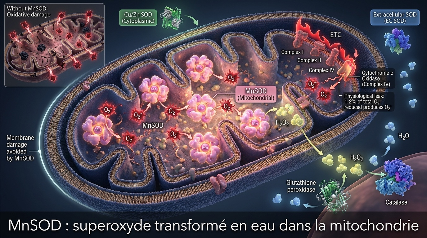 Schéma bi-mécanistique mitochondriale montrant comment le cuivre/zinc-SOD cytoplasmique, la MnSOD mitochondriale (mettant en jeu le manganèse) et la SOD extracellulaire se complètent dans une cascade d'élimination des radicaux libres ; focus particulier sur le rôle vital de la MnSOD au cœur de la matrice là où se concentre la majorité de la production mitochondriale d'oxygène réactif.