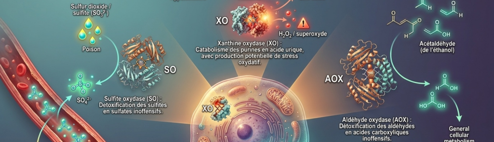 Illustration médicale hyper‑réaliste d'un hépatocyte en coupe montrant les trois enzymes humaines strictement dépendantes du molybdène : à gauche la sulfite oxydase convertissant le sulfite toxique (SO₃²⁻, gouttelettes jaunes‑cyan) en sulfate (SO₄²⁻, glyphe vert‑bleu sécrété dans le sang puis éliminé dans l'urine) ; au centre la xanthine oxydase finalisant le catabolisme des purines hypoybanne → xanthine → acide urique avec un halo d'avertissement sur la production annexe de peroxyde d'hydrogène ; à droite l'aldéhyde oxydase détoxifiant notamment l'acétaldéhyde issu du métabolisme de l'éthanol en acide acétique.