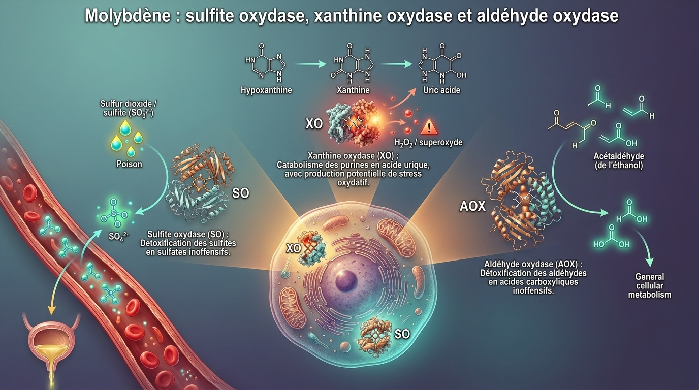 Vue d'ensemble du rôle métabolique des trois molybdo‑enzymes humaines : détoxification des sulfites, catabolisme des purines et détoxification des aldéhydes.