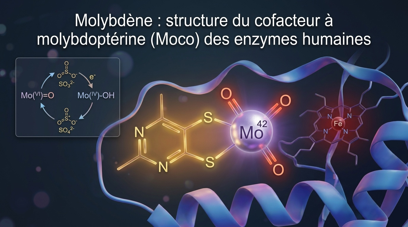 Représentation scientifique du cofacteur à molybdoptérine (Moco), centre catalytique des molybdo‑enzymes humaines (sulfite oxydase, xanthine oxydase, aldéhyde oxydase).