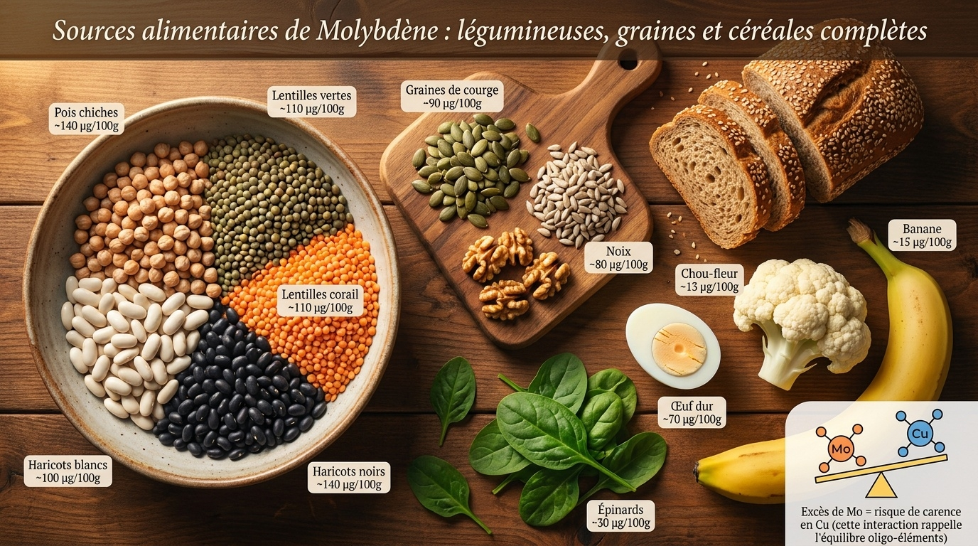 Top‑down gastronomique des aliments naturellement riches en molybdène, dominés par les légumineuses et graines ; rappel du risque d'interférence avec le cuivre en cas de supplémentation prolongée.