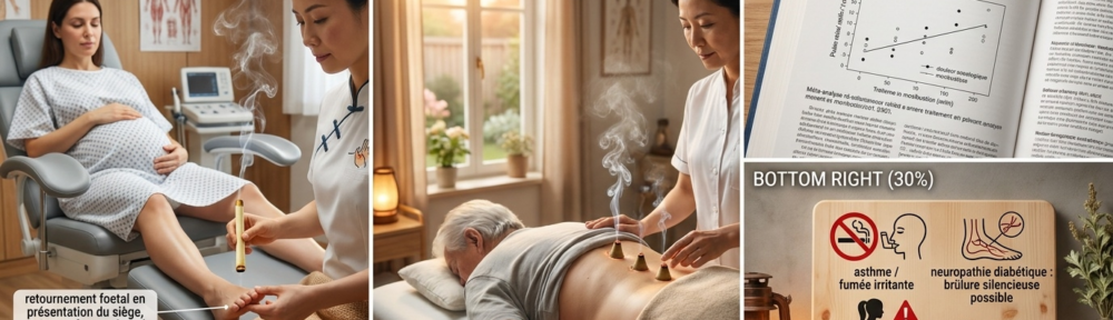 composition photographique éditoriale split. Coin gauche (35 %) : patiente enceinte au troisième trimestre assise dans un fauteuil gynécologique confortable ; une sage‑femme formée en MTC maintient la pointe d'un bâtonnet de moxa fumant à quelques centimètres du cinquième orteil, précisément sur le point Zhi Yin (Bl67), étiqueté « retournement fœtal en présentation du siège, suivi sage‑femme formée ». Centre (35 %) : personne âgée recevant une séance sur la région lombaire (zone Ming Men Du4) pour lombalgies chroniques, un livre de référence type Manuel Merck ouvert en arrière‑plan sur le graphique de méta‑analyse « douleur oncologique prise en charge + moxibustion > traitement seul ». Coin bas‑droit (30 %) : panneau pictogrammes de sécurité sur planche en bois : cigarette barrée + inhalateur « asthme / fumée irritante » ; silhouette enceinte + point d'exclamation rouge « toute grossesse : avis médical préalable » ; pied avec nerfs détachés + étiquette « neuropathie diabétique : risque de brûlure silencieuse » ; icône fourchette + horloge « attendre 2 h après un repas » ; icône diplôme « praticien diplômé en MTC uniquement ». Lumière lanterne chaude, esthétique à la fois clinique et traditionnelle.