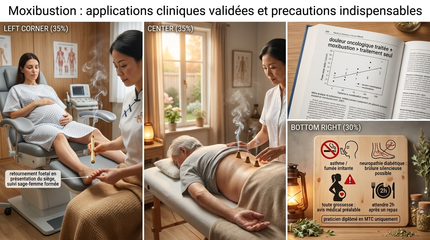 Photographie composite présentant les deux usages les mieux documentés (retournement fœtal, douleur chronique) et les cinq précautions majeures.