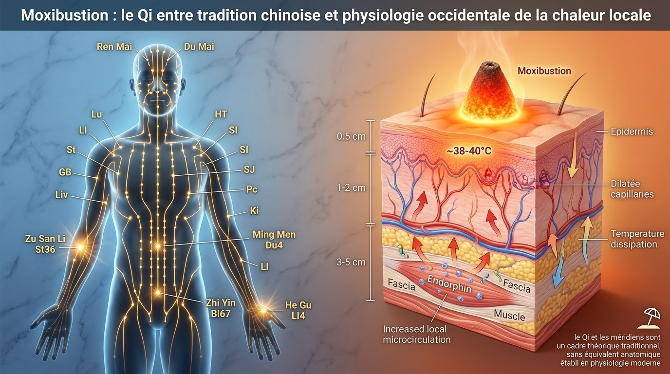 Illustration du double langage : cadre symbolique du Qi / méridiens (à gauche) et mécanisme physiologique réel de la thermothérapie locale (à droite).