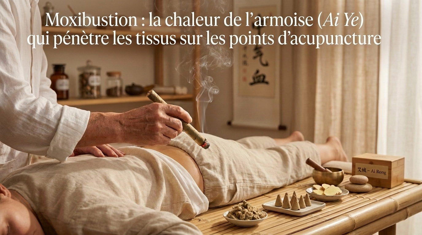Mise en scène documentaire respectueuse d'une séance traditionnelle de moxibustion pratiquée par un thérapeute chinois formé, patient habillé, transmission de chaleur indirecte.