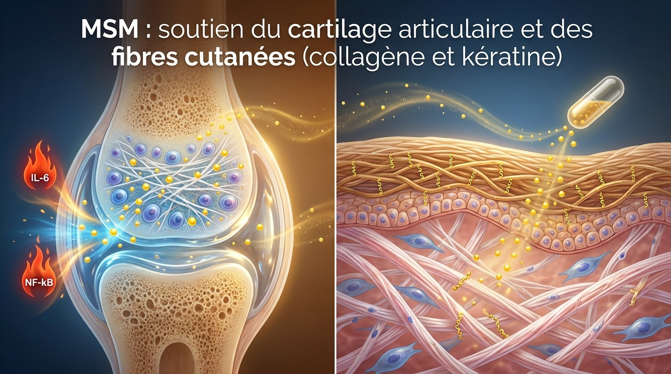 Vue d'ensemble du double effet du MSM étudié en recherche : soutien du cartilage articulaire (réduction des médiateurs inflammatoires, apport de soufre pour la matrice protéoglycanique) et soutien des protéines cutanées (collagène, kératine, élasticité).