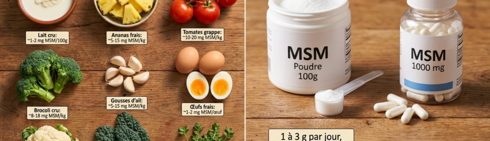 Composition éditoriale hyper‑réaliste mêlant food‑photography et imagerie pharmaceutique, sur planche rustique en bois : à gauche, aliments frais naturellement pourvus de soufre organique (petit bol de lait cru frais avec sa couche de crème, ananas frais en morceaux, tomates sur la branche, brocoli fleuri, gousses d'ail, œufs frais, fleurettes de chou‑fleur, feuilles de kale noir, brindille de luzerne fraîche) ; à droite, une fiole de poudre cristalline blanche de MSM et un flacon de gélules « MSM 1000 mg » avec quelques gélules dispersées sur planche ; encarts textuels « 1 à 3 g par jour, en prises réparties, cure 1–3 mois » et pictogrammes de précaution : interaction anticoagulant, troubles digestifs transitoires.