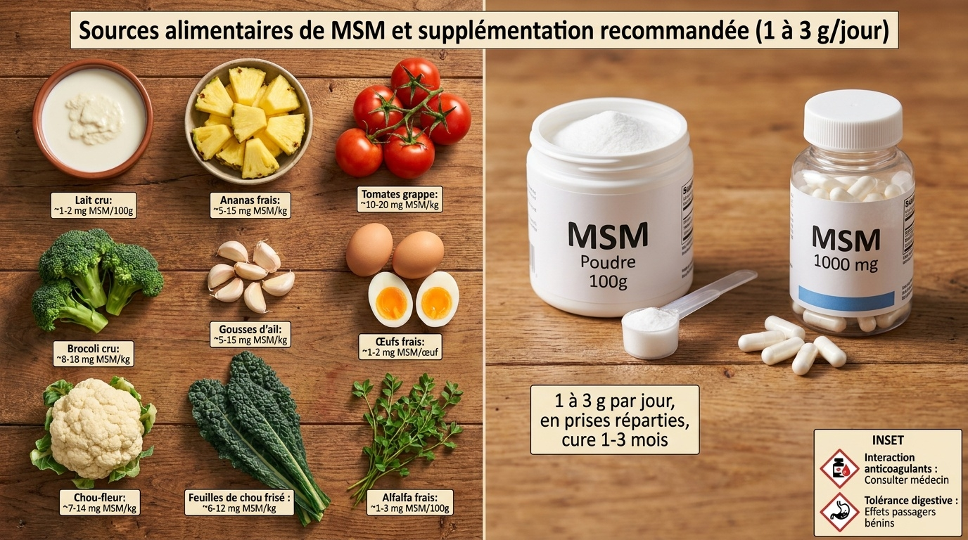 Vue pratique des sources alimentaires naturelles de MSM (lait cru, ananas, légumes soufrés) et de la voie de supplémentation recommandée dans la littérature scientifique (1 à 3 g/jour), avec ses précautions.