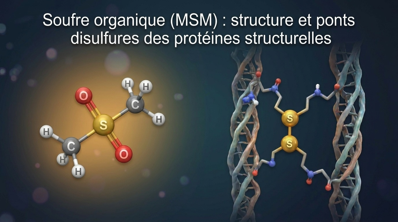 Vue synthétique du MSM (donneur de soufre organique) et du concept biochimique qu'il alimente : la formation des ponts disulfures (S–S), garants de la solidité du collagène et de la kératine.