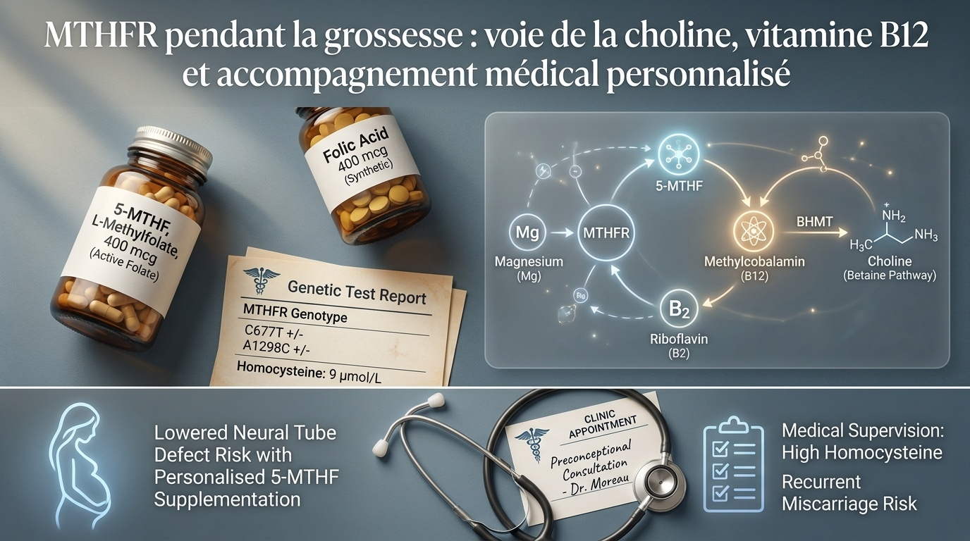 Vue pratique du passage à la 5‑MTHF pendant la grossesse, des voies alternatives (B12, choline, B2, magnésium) et de la nécessité d'un suivi médicalisé.
