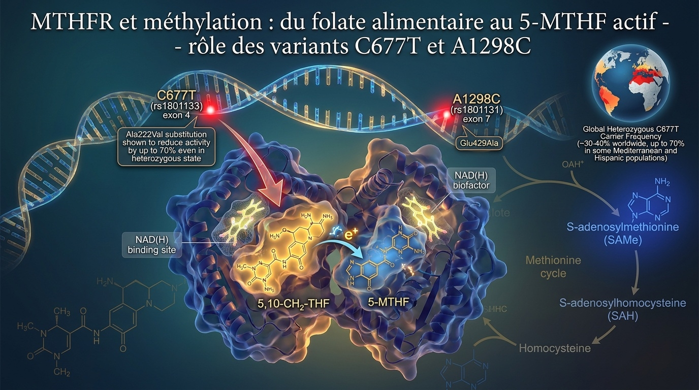 Vue 3D de l'enzyme MTHFR, des variants C677T/A1298C et de leur impact sur la conversion du folate en 5‑MTHF.