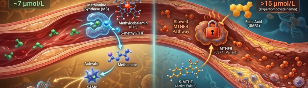 Infographie split‑screen en palette ambre‑teal. Moitié gauche (méthylation normale) : coupe d'une artère saine avec endothélium intact, petite molécule d'homocystéine verte circulant en faible concentration (≈ 7 µmol/L, normal) en cours de reméthylation par la méthionine synthase (MS) couplée au 5‑méthyl‑THF et à la vitamine B12 (méthylcobalamine) (modèle 3D en rouge‑orange) ; la méthionine formée active la SAMe, donneur de groupes méthyles à l'ADN, aux protéines (myéline) et aux neurotransmetteurs. Moitié droite (méthylation altérée) : artère avec homocystéine en accumulation (molécules orange‑rouge, [HCy] > 15 µmol/L), endothélium agressé, amorce de plaque d'athérosclérose ; la voie MTHFR est visible ralentie par un variant C677T homozygote symbolisé par un cadenas rouge sur l'enzyme. Contraste en arrière‑plan : l'acide folique synthétique UMFA (jaune‑orange) ne franchit pas le blocage MTHFR, tandis que le 5‑MTHF actif (golden‑blue) contourne le ralentissement et pénètre directement dans le cycle. Palette éditoriale ambre‑cobalt, rendu photoréaliste 16:9.