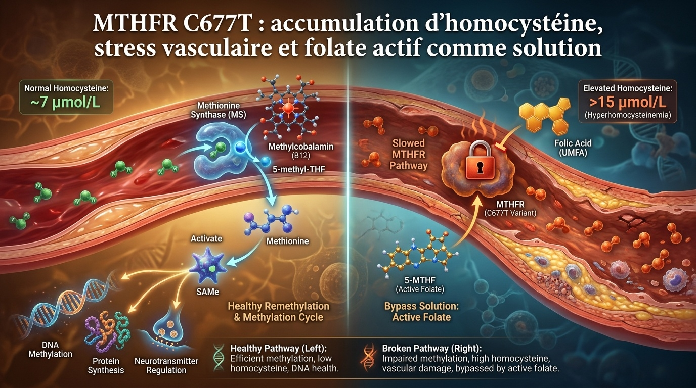 Comparaison visuelle d'un cycle de méthylation sain vs perturbé par un variant MTHFR C677T, avec l'acide folique bloqué contre le 5‑MTHF actif qui contourne le défaut enzymatique.