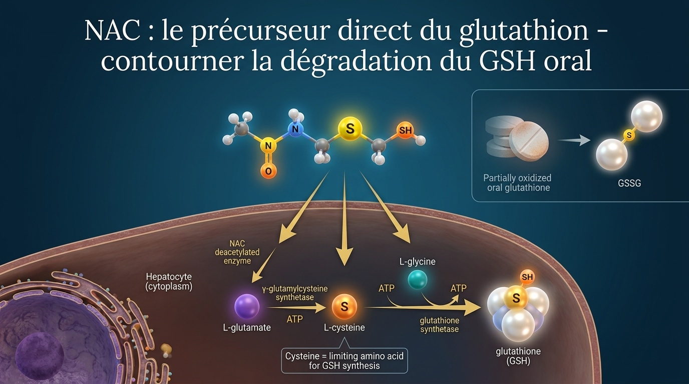  Vue 3D documentée du chemin métabolique NAC → cystéine → GSH, illustrant pourquoi cette voie contourne la dégradation digestive du glutathion oral.