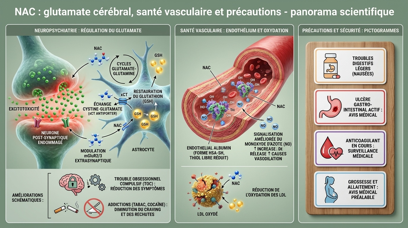 Panorama des bénéfices émergents (TOC, addictions, vaisseaux) et du profil de sécurité gradué de la N‑acétylcystéine.