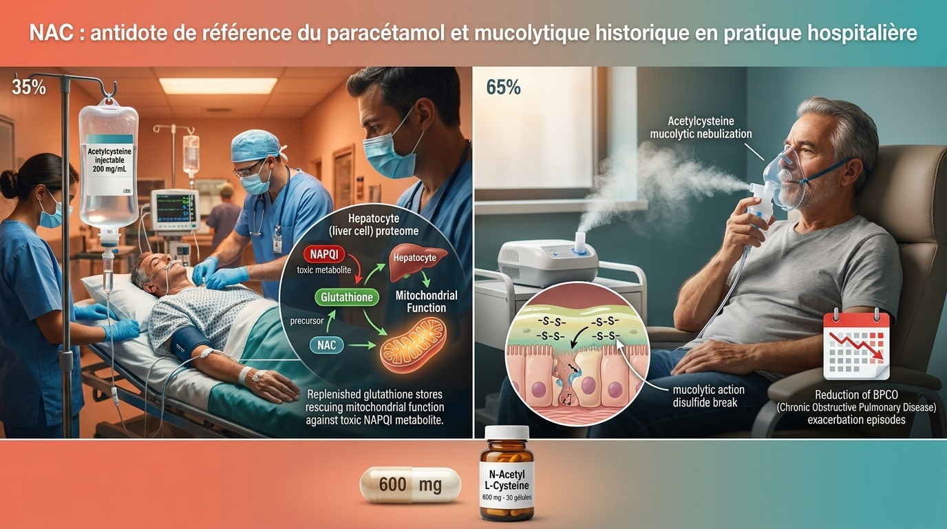 Vue d'ensemble des usages hospitaliers historiques de la NAC : intoxication au paracétamol et BPCO.