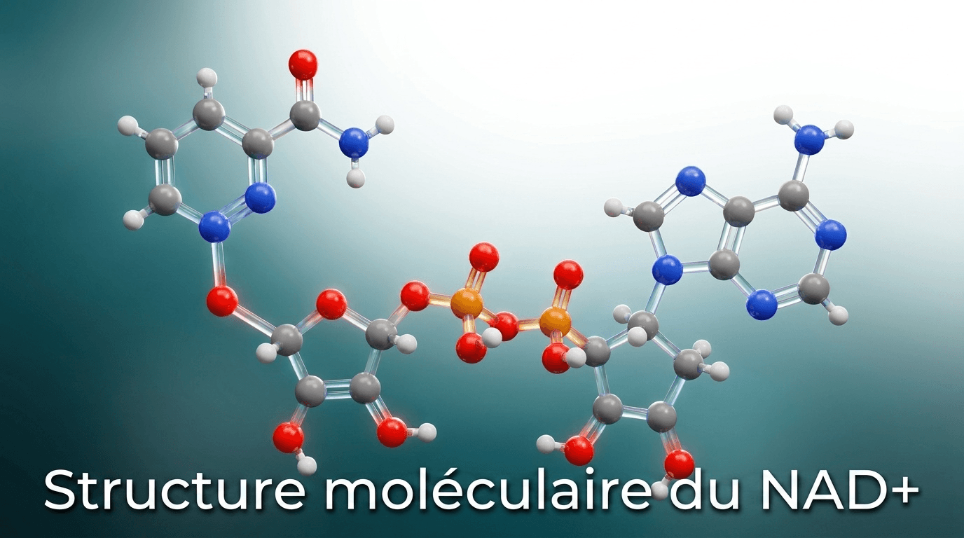 Représentation scientifique précise de la coenzyme NAD+, molécule clé du métabolisme énergétique cellulaire et acteur central de la longévité.