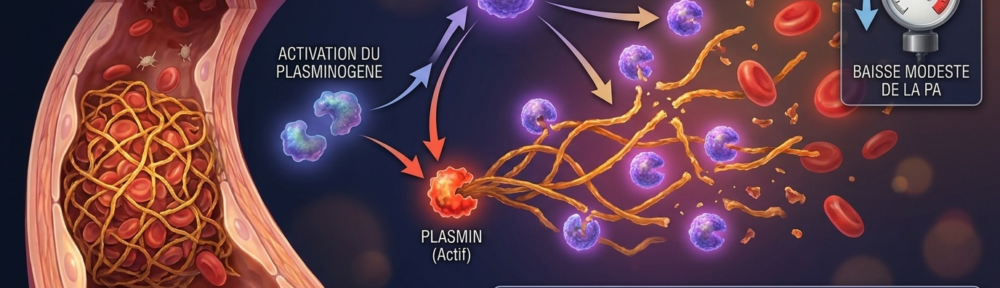 Illustration médicale hyper‑réaliste d'un caillot sanguin (thrombus) en cours de dissolution par la nattokinase : à gauche, un grillage dense de fibres de fibrine jaune‑orangé piégeant quelques globules rouges (érythrocytes) et plaquettes ; au centre‑droit, des molécules de nattokinase (sphères violet‑rouge) coupent directement les fils de fibrine (fibrinolyse directe), tandis qu'à gauche, l'enzyme secondaire active le plasminogène endogène en plasmine, qui amplifie la dissolution ; encart bas : comparaison schématique nattokinase (dissolution active du caillot formé) versus vitamine K2 (qui prévient le dépôt calcique vasculaire) ; encart haut‑droit : tensiomètre montrant une modeste réduction tensionnelle documentée.