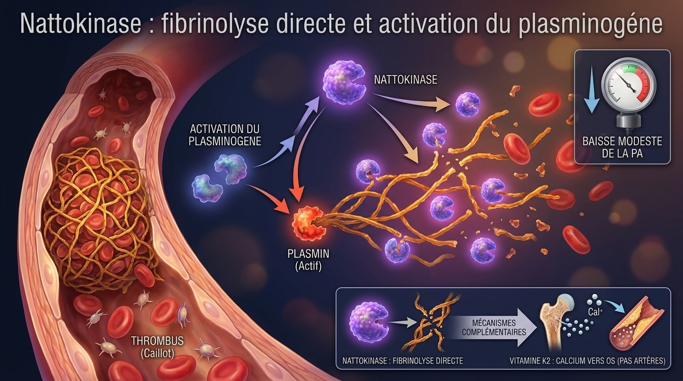 Vue d'ensemble des deux modes d'action fibrinolytique de la nattokinase : lyse directe des liaisons peptidiques Lys‑Arg de la fibrine (mécanisme primaire) et activation du plasminogène en plasmine endogène (mécanisme secondaire), avec un encart comparatif grandeur‑nature montrant sa complémentarité conceptuelle avec la vitamine K2.