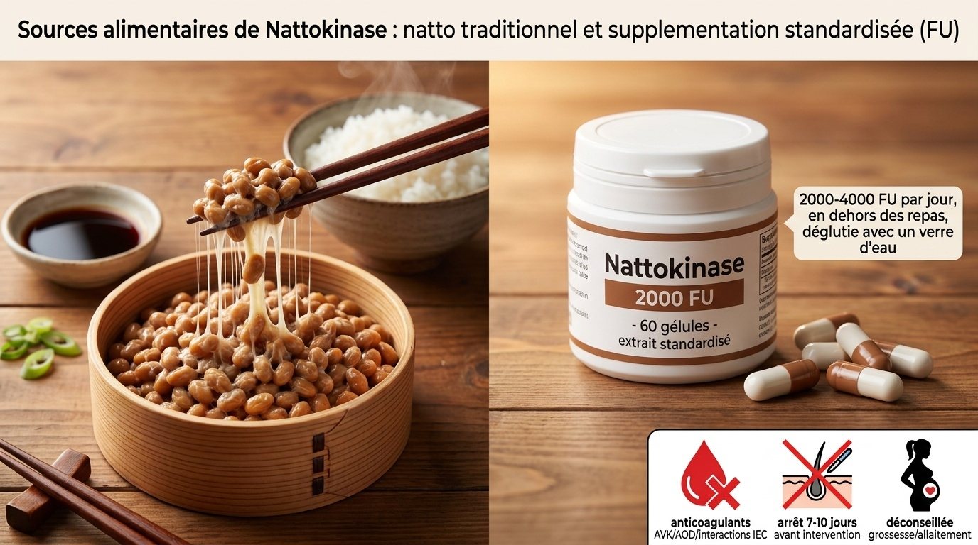 Vue d'ensemble pratique des sources alimentaires naturelles (natto traditionnel japonais) et de la voie de supplémentation standardisée en unités fibrinolytiques (FU), avec rappel vigilant des trois catégories de précaution (interactions médicamenteuses, gestion périopératoire, grossesse).