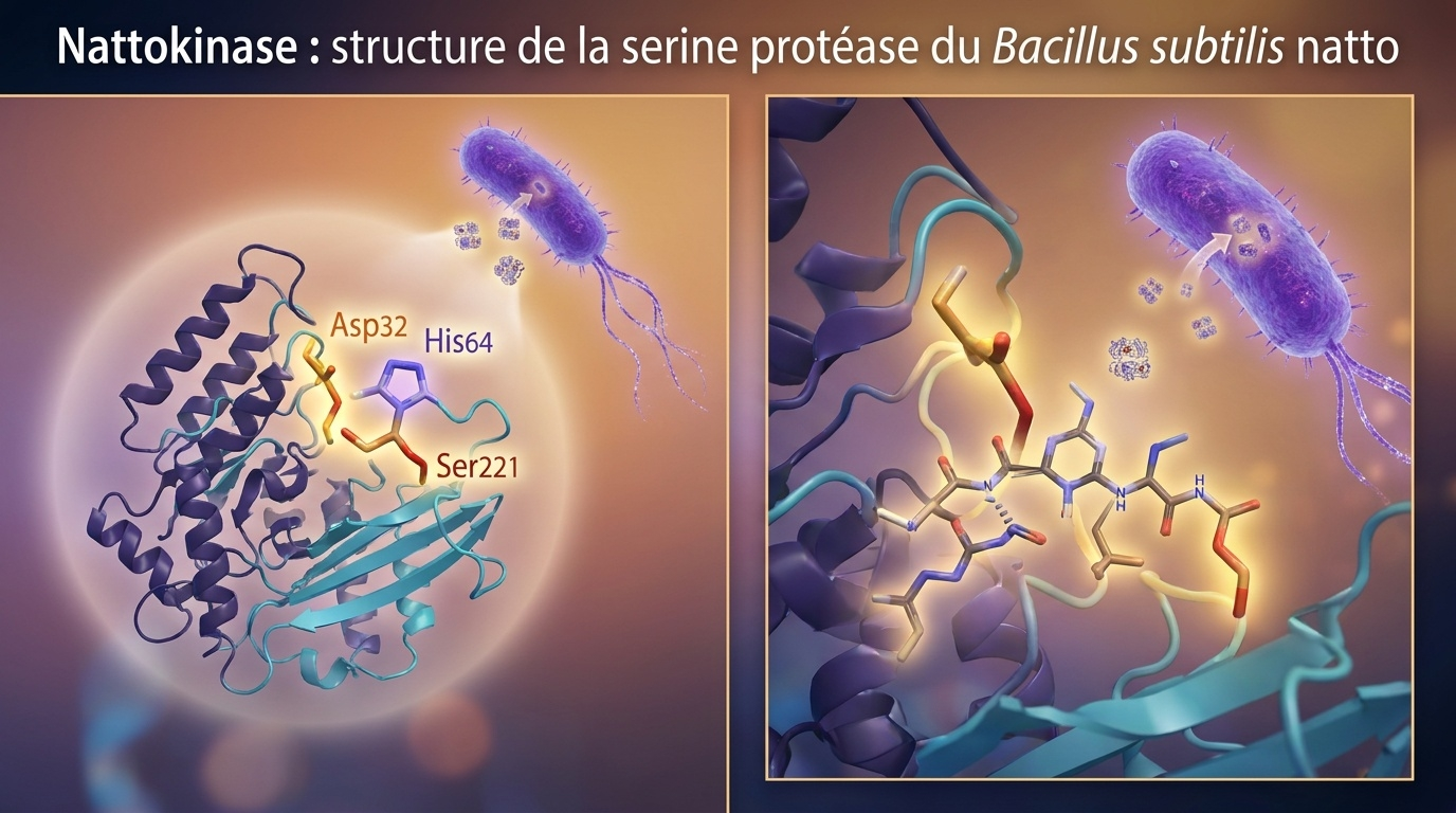 Représentation scientifique de la nattokinase comme enzyme protéolytique de la famille des subtilisines, identifiée en 1980 par le Dr Hiroyuki Sumi (Université de Chicago), capable d'hydrolyser directement la fibrine.
