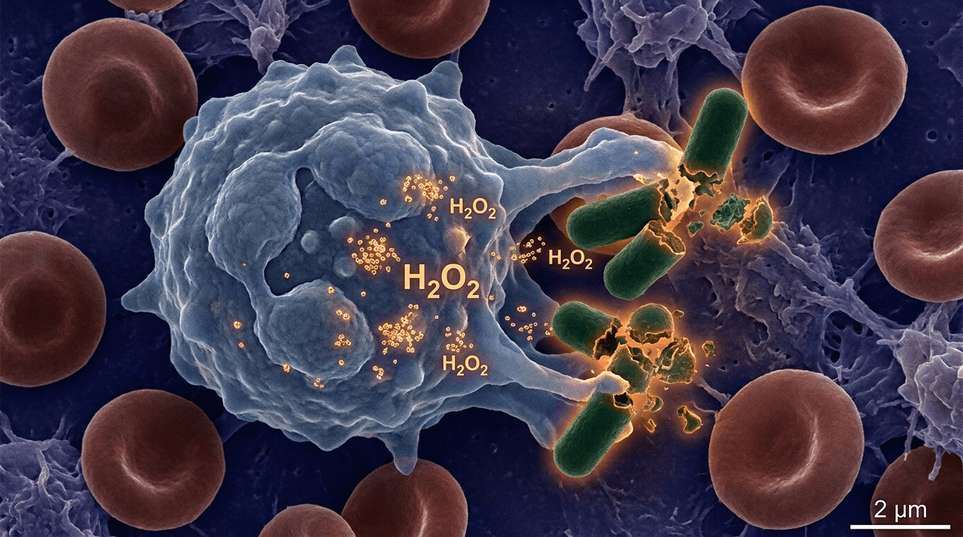 Visualisation cellulaire hyperréaliste illustrant le rôle naturel du peroxyde d'hydrogène comme arme chimique utilisée par le système immunitaire pour neutraliser les agents pathogènes.