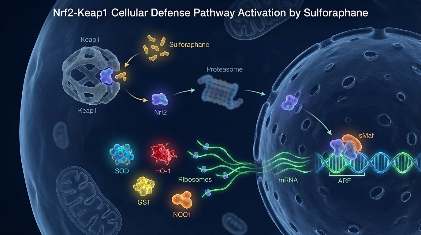 Mécanisme d'action détaillé du sulforaphane sur la voie Nrf2/Keap1/ARE : libération du facteur de transcription Nrf2, migration vers le noyau, activation de la réponse antioxydante transcriptionnelle (SOD, HO-1, GST, NQO1, glutathion peroxydase).