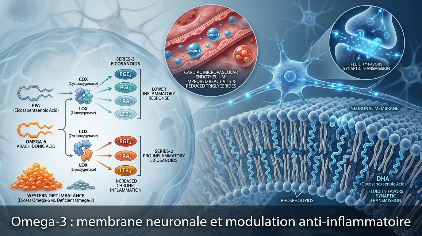 Schéma médiatico-scientifique illustrant deux rôles complémentaires des oméga-3 : (1) intégration structurale du DHA dans les bicouches phospholipidiques des membranes neuronales pour augmenter la fluidité transmembranaire et faciliter la transmission synaptique ; (2) modulation relative du métabolisme des eicosanoïdes par l'EPA vers des séries moins inflammatoires (série 3) par rapport à l'excès d'oméga-6 (série 2 pro-inflammatoires).
