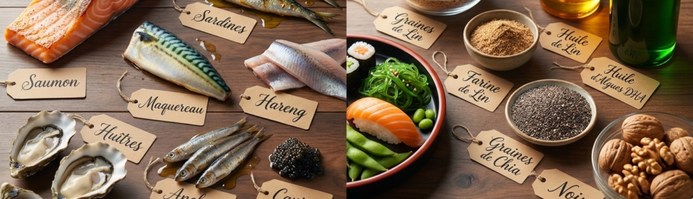 Photographie alimentaire éditoriale hyper-réaliste d'un flat-lay des sources naturelles d'oméga-3 : à gauche, poissons gras (saumon, sardines entières, maquereau, hareng, anchois œufs) ; à droite, alternatives végétales (graines de lin, graines de chia, noix, huile de lin, huile d'algues DHA).
