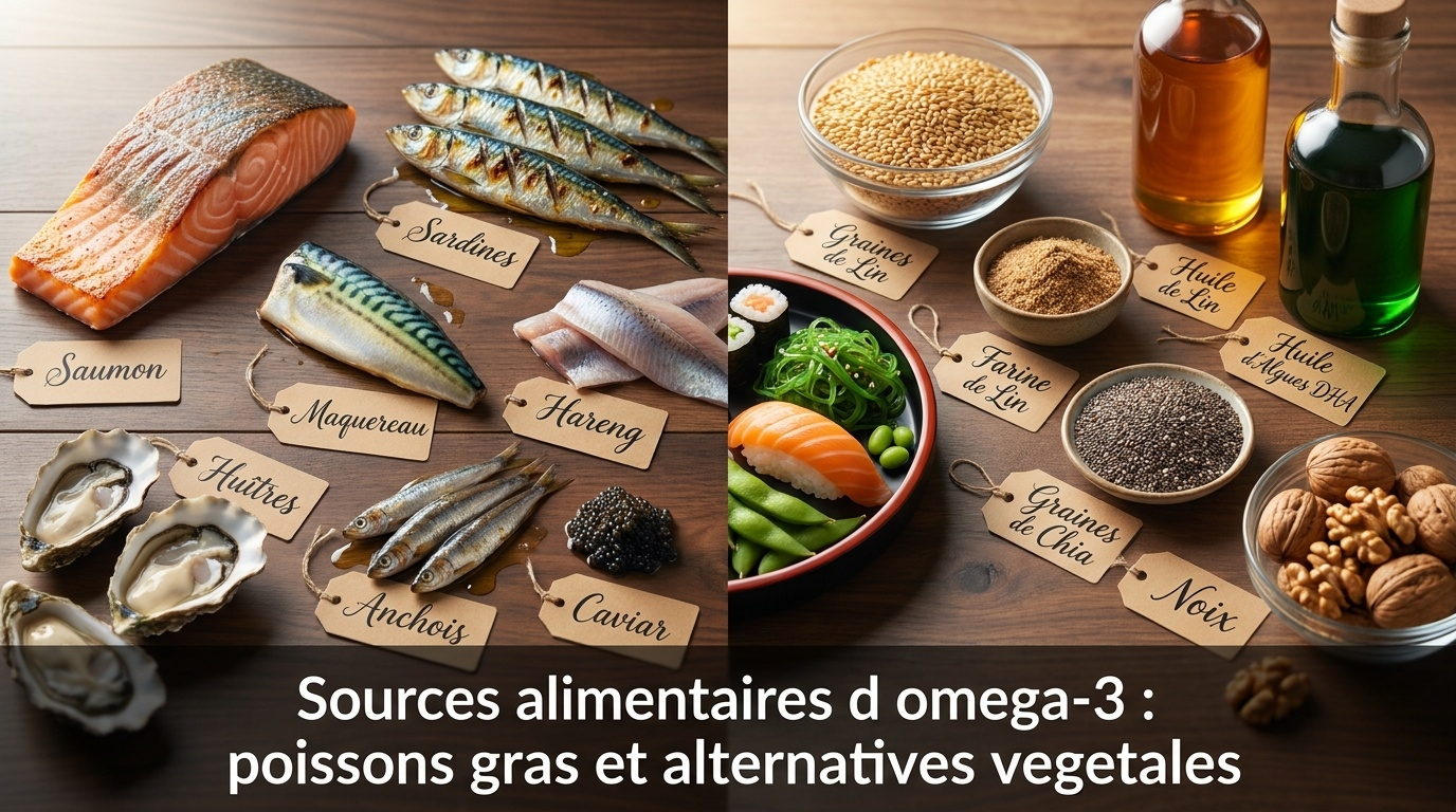 Composition culinaire top-down des sources alimentaires d'oméga-3 — divisée en deux versants : (1) riche en EPA/DHA préformés (poissons gras : saumon, sardine, maquereau, hareng, anchois, œufs, algues) ; (2) sources végétales d'ALA à conversion limitée (graines de lin, chia, noix, huile de colza) avec rappel de l'efficacité supérieure des sources marines directes.
