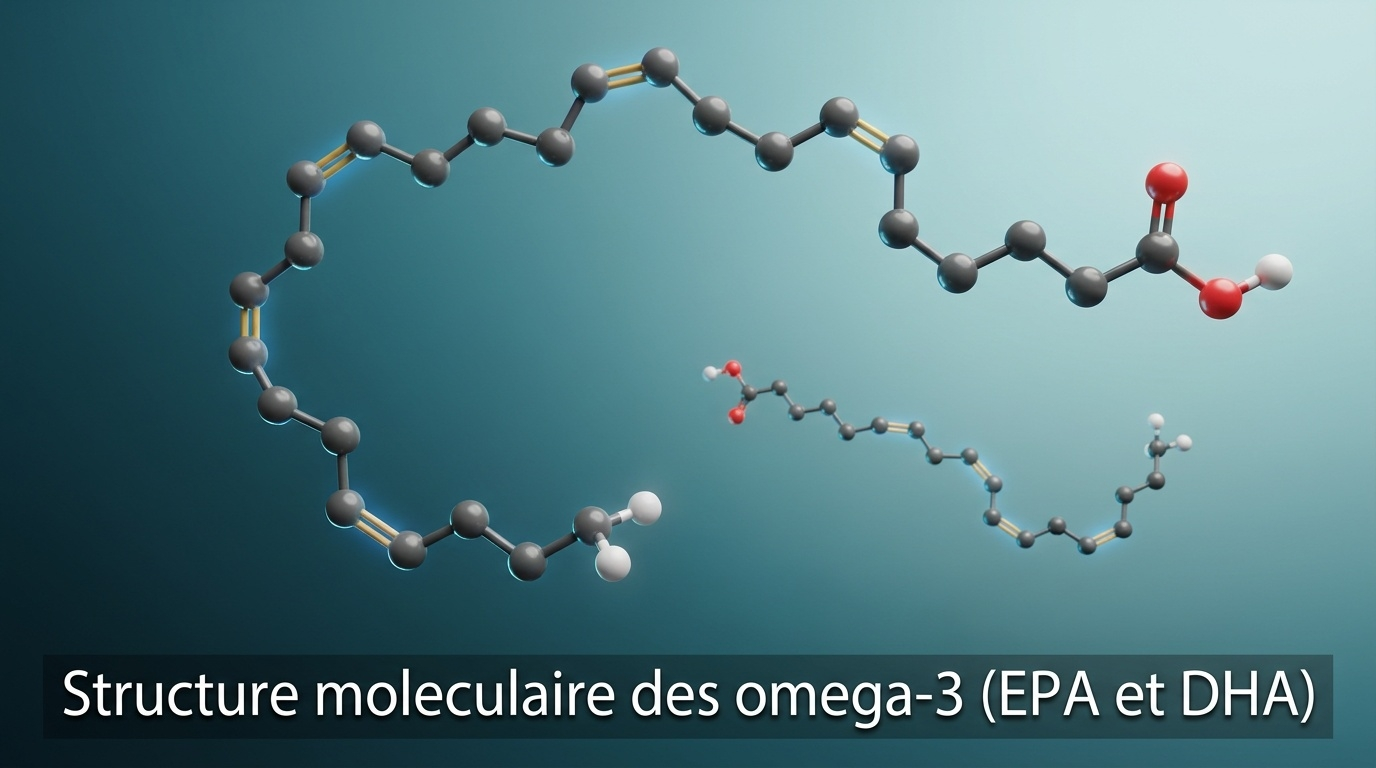 Représentation scientifique détaillée des deux acides gras oméga-3 à longue chaîne les plus actifs chez l'humain — l'EPA (5 doubles liaisons) et le DHA (6 doubles liaisons) — dont la multiplicité de doubles liaisons cis conditionne la fluidité membranaire, l'activité anti-inflammatoire et la densité structurelle au niveau du cerveau et de la rétine.