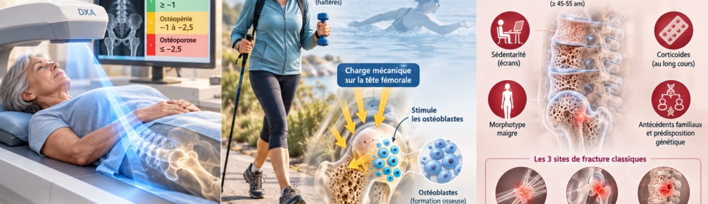 Infographie hexagonale en nid d'abeille (six volets) sur fond crème‑ivoire. Volet 1 – calcium absorbé via calbindine‑D9k grâce à la vitamine D (rayon de soleil, saumon, jaune d'œuf). Volet 2 – vitamine K2 (MK‑7 issue du natto, fromages affinés, foie) carboxylant l'ostéocalcine pour orienter le calcium vers l'os plutôt que la paroi artérielle. Volet 3 – magnésium cofacteur des hydroxylases 25(OH)D → 1,25(OH)₂D (amandes, chocolat noir, légumineuses). Volet 4 – phosphore en ratio Ca/P ≈ 1,2:1 dans l'hydroxyapatite. Volet 5 – bore (dattes, noisettes, raisins) réduisant l'excrétion urinaire du calcium et du magnésium. Volet 6 – collagène de type I, triple hélice, échafaudage organique de la minéralisation. Hub central reliant les six volets : « TRIO OSSEUX ».