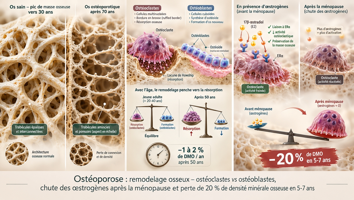 Coupe osseuse saine vs ostéoporotique, ostéoclastes/ostéoblastes, chute des œstrogènes : la mécanique cellulaire qui vide nos os après la ménopause.