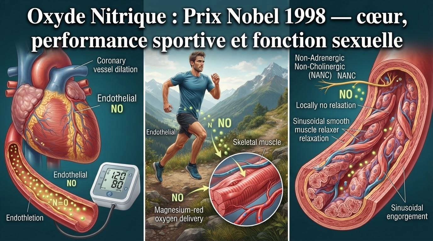 Vue d'ensemble des trois fonctions physiologiques majeures du NO : régulation cardiovasculaire, performance sportive et érection pénienne.