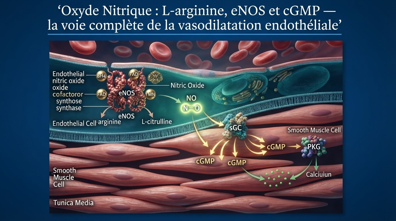 Schéma complet de la voie L-arginine → eNOS → NO → cGMP responsable de la vasodilatation endothéliale.