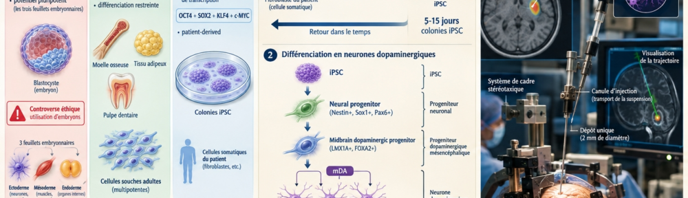 Infographie médicale sur fond crème‑indigo‑couleur laboratoire. À gauche, comparaison des trois sources de cellules souches : (1) Cellules souches embryonnaires (ESC) — isolées 1998 par James Thomson — potentiel pluripotent pour les trois feuillets embryonnaires, pictogramme éthique d'embryon avec tampon rouge « controverse terrain » ; (2) Cellules souches adultes (ASC) — multipotentes, issues de moelle osseuse, tissu adipeux, pulpe dentaire ; (3) Cellules souches pluripotentes induites (iPSC) — Yamanaka 2006 (prix Nobel 2012) — reprogrammation par les 4 facteurs de transcription OCT4 (POU5F1), SOX2, KLF4, c‑MYC (« OSKM » ou « Yamanaka cocktail ») à partir de fibroblastes du patient, dendrogramme « autologue » vert. Au centre, processus de différenciation en neurones dopaminergiques du mésencéphale (mDA) représenté en arbre cellulaire : iPSC → progéniteur neural (Nestin⁺, Sox1⁺, Pax6⁺) → progéniteur dopaminergique du mésencéphale (LMX1A⁺, FOXA2⁺) → neurone mDA mature (TH⁺, DAT⁺, NURR1⁺, dopaminergique fonctionnel). À droite, schéma de greffe stéréotaxique : cadre stéréotaxique avec IRM pré‑opératoire, canule fine (diamètre 0,6 mm) insérée jusqu'au putamen post‑commissural (C1-C2) déposant 5‑10 millions de neurones mDA en 2‑5 sites de 2 mm, trajet évitant les structures vasculaires.