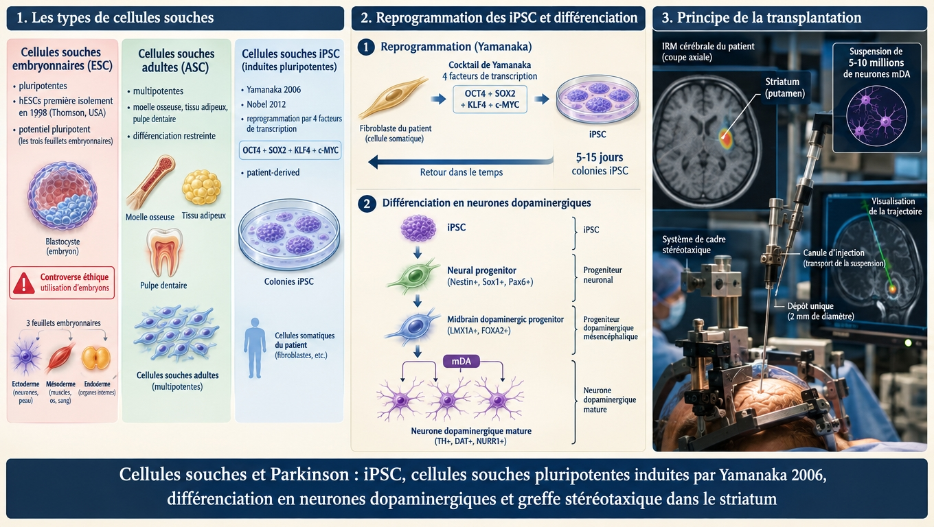 Trois sources de cellules souches ; les iPSC (Yamanaka 2006, prix Nobel 2012) permettent de créer des neurones dopaminergiques du mésencéphale autologues qui sont greffés dans le putamen par chirurgie stéréotaxique.