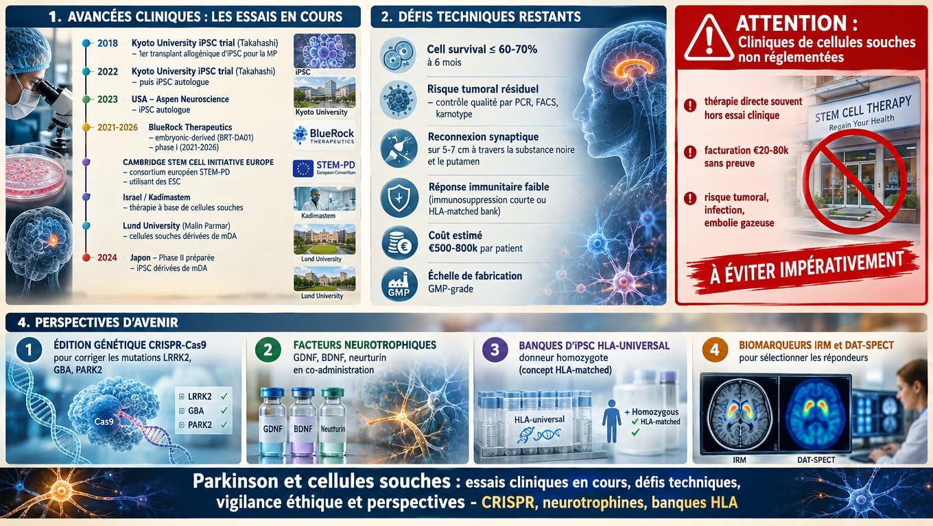 Trials Kyoto iPSC, STEM‑PD Europe, BRT‑DA01 BlueRock, Aspen ANPD001 : phase I/II en 2024‑2026 ; défi de la survie neuronale et du coût GMP ; claires‑bases non réglementées à fuir ; CRISPR + neurotrophines + banques HLA universelles dessinent l'avenir 2027‑2030.