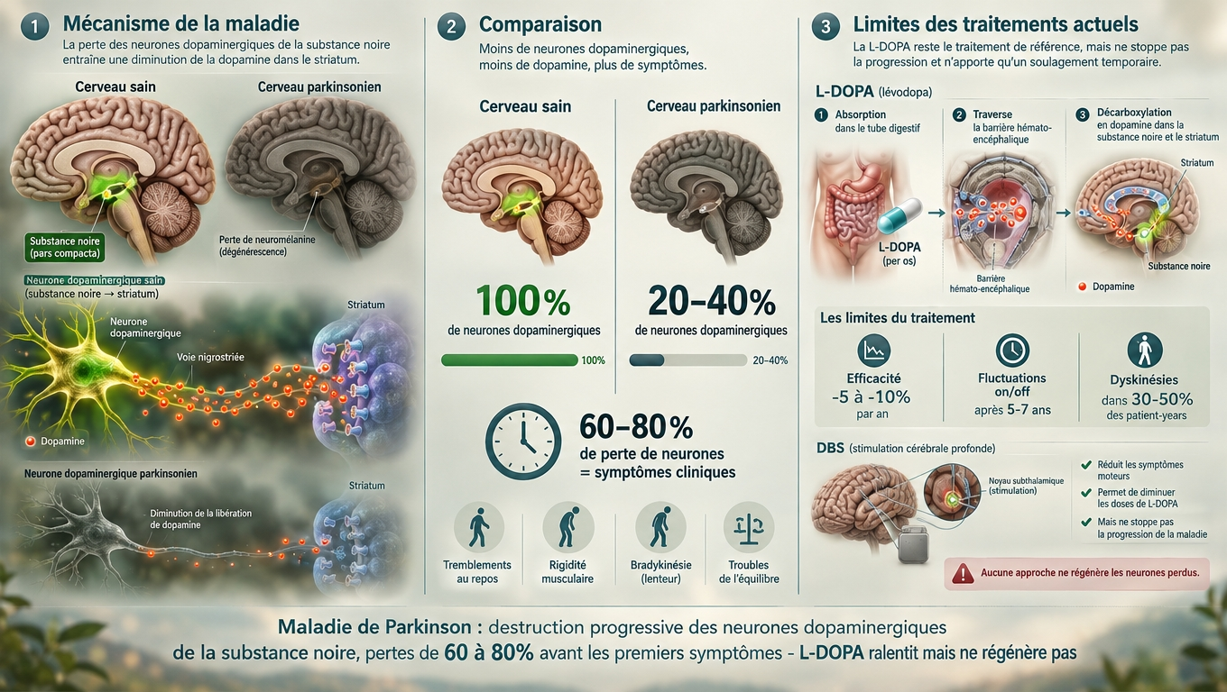 Perte progressive des neurones dopaminergiques de la substance noire (60‑80 % avant les symptômes) ; la lévodopa soulage sans régénérer, et les dyskinésies apparaissent à 5‑7 ans chez 30‑50 % des patients.