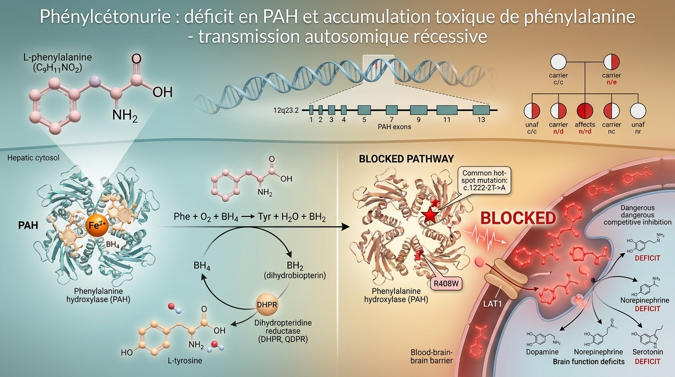Vue 3D documentée du mécanisme physiopathologique : déficit en PAH, mutation autosomique récessive, et conséquences neurochimiques de l'excès de phénylalanine.
